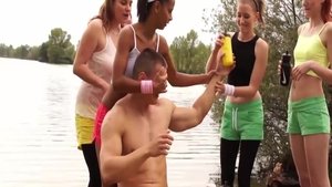 Busty young couple CFNM workout outdoors