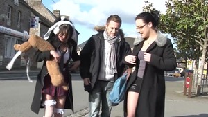 Skinny brunette wearing glasses threesome at castings in HD