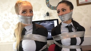 Busty brunette domination tied up in office