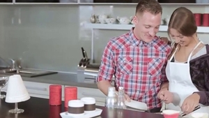 Big boobs babe FFM in the kitchen