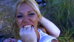 MILF Ginger Hell dick sucking outdoors