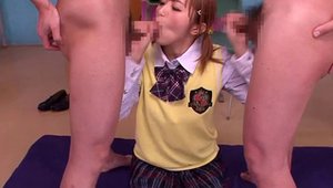 Stroking young asian college girl wearing uniform in classroom