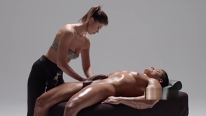 Muscled brunette masturbating